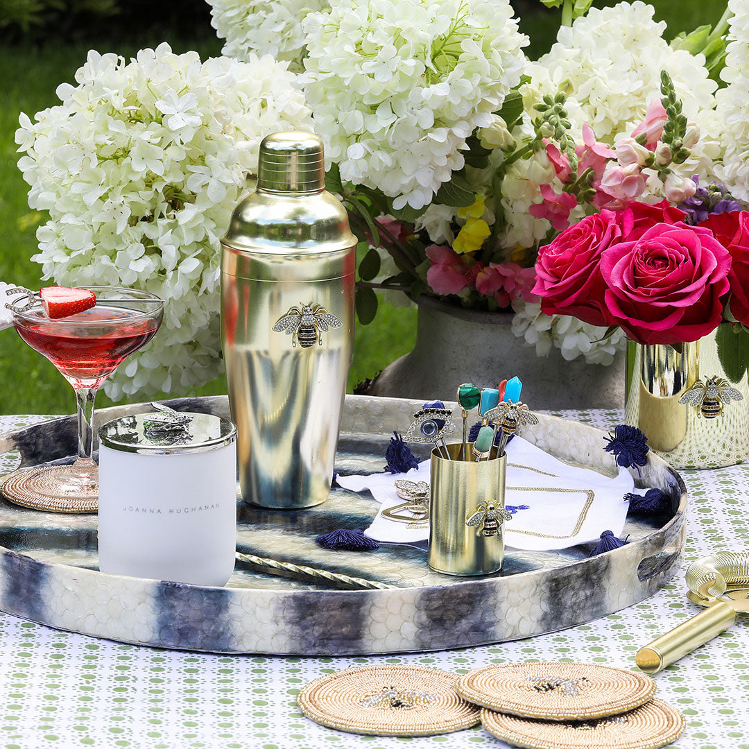 Extra Large Blue Capiz Tray, Hand-Pieced Luxe Striped Decorative Statement