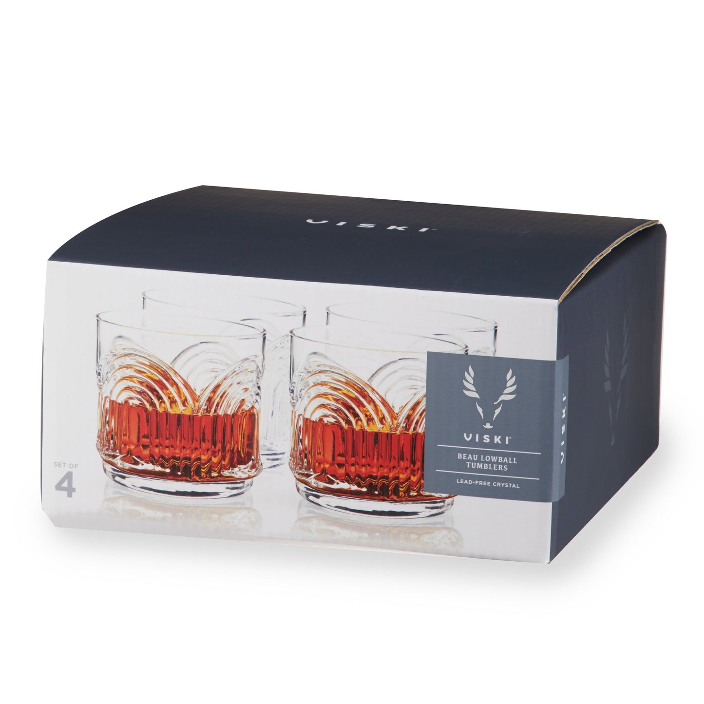 Deco Beau Crystal Lowball Tumblers Set of 4 with Art Deco Textured Rim