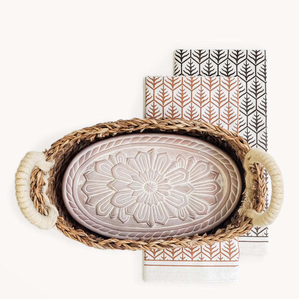 Oval Flower Bread Warmer Basket & Tea Towel Gift Set