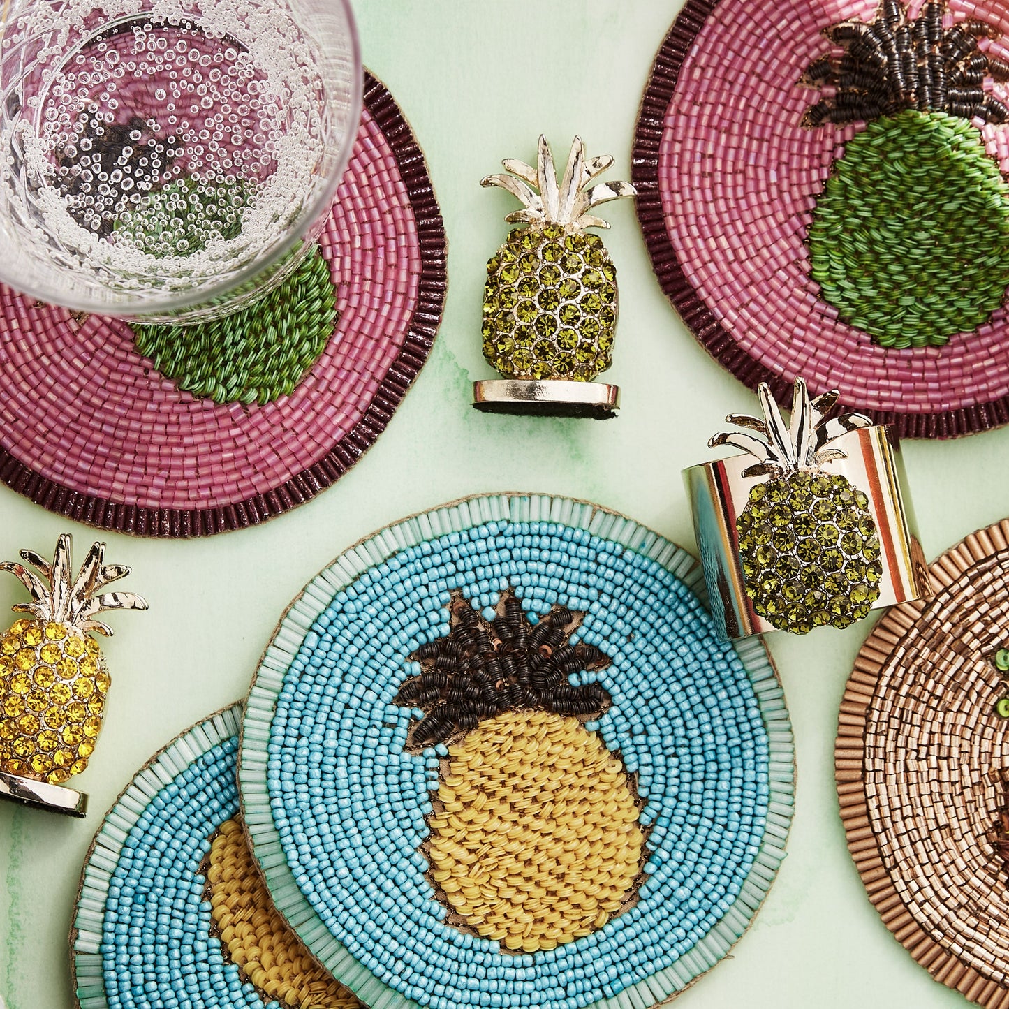 Hand-Beaded Pineapple Coasters, Bright Hospitality Gift Set of Four Décor
