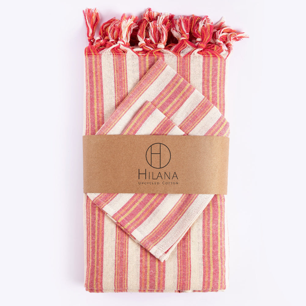 Eco-Friendly Magenta Striped Tablecloth Set with Napkins