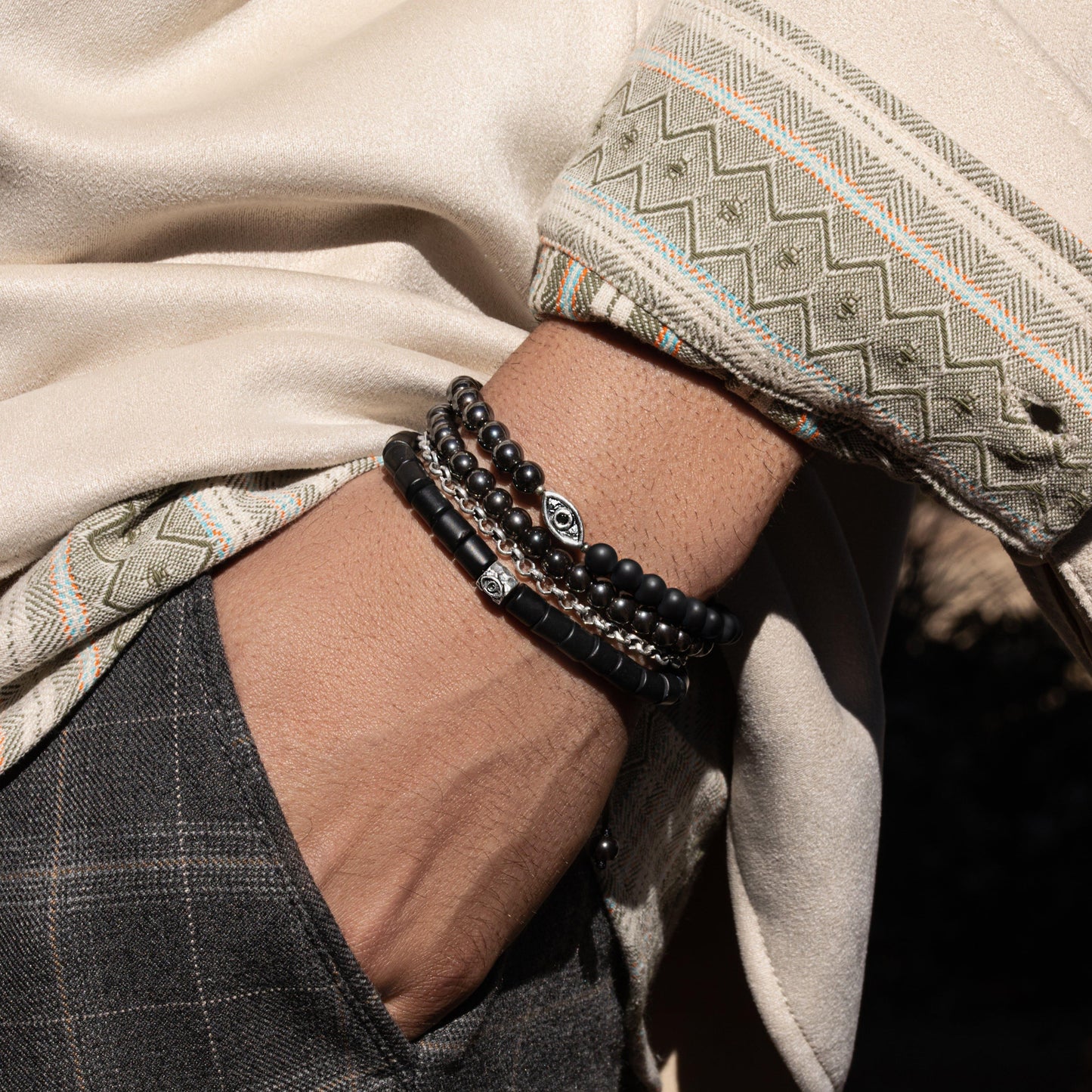 Grounded in Protection Silver Matte Onyx Hematite Bracelet — Gift