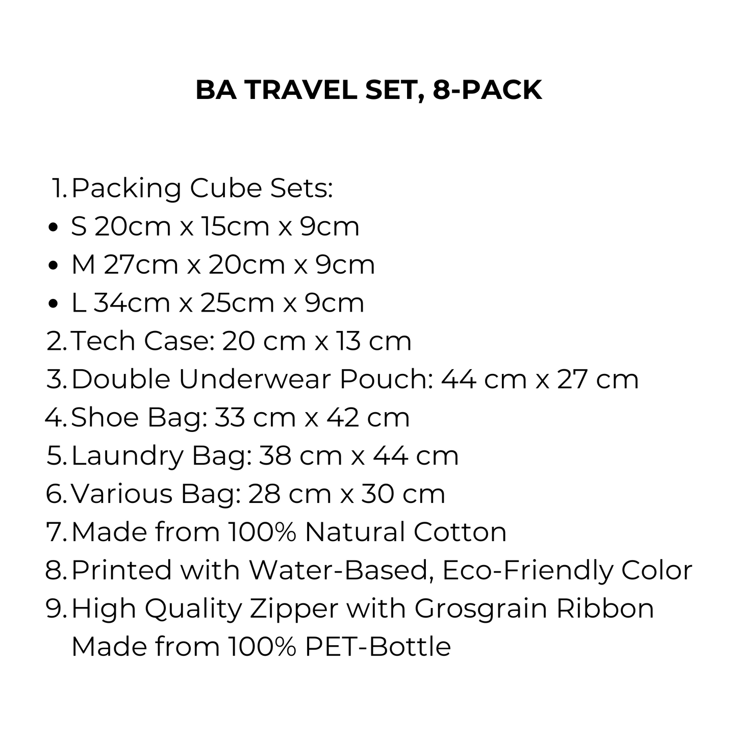 BA Travel Set: 8-Pack Black Packing Organizers & Travel Bags