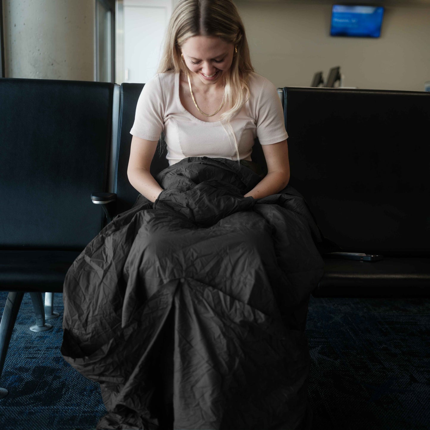 Layover™ Black Puffy Travel Blanket with Packable Stuff Sack