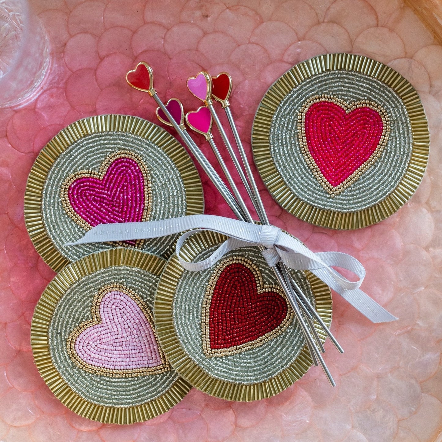 Hand-Beaded Heart Coasters Set of 4 Romantic Gift for Home Bar