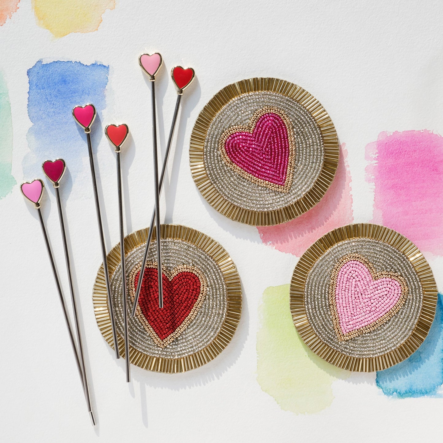 Hand-Beaded Heart Coasters Set of 4 Romantic Gift for Home Bar