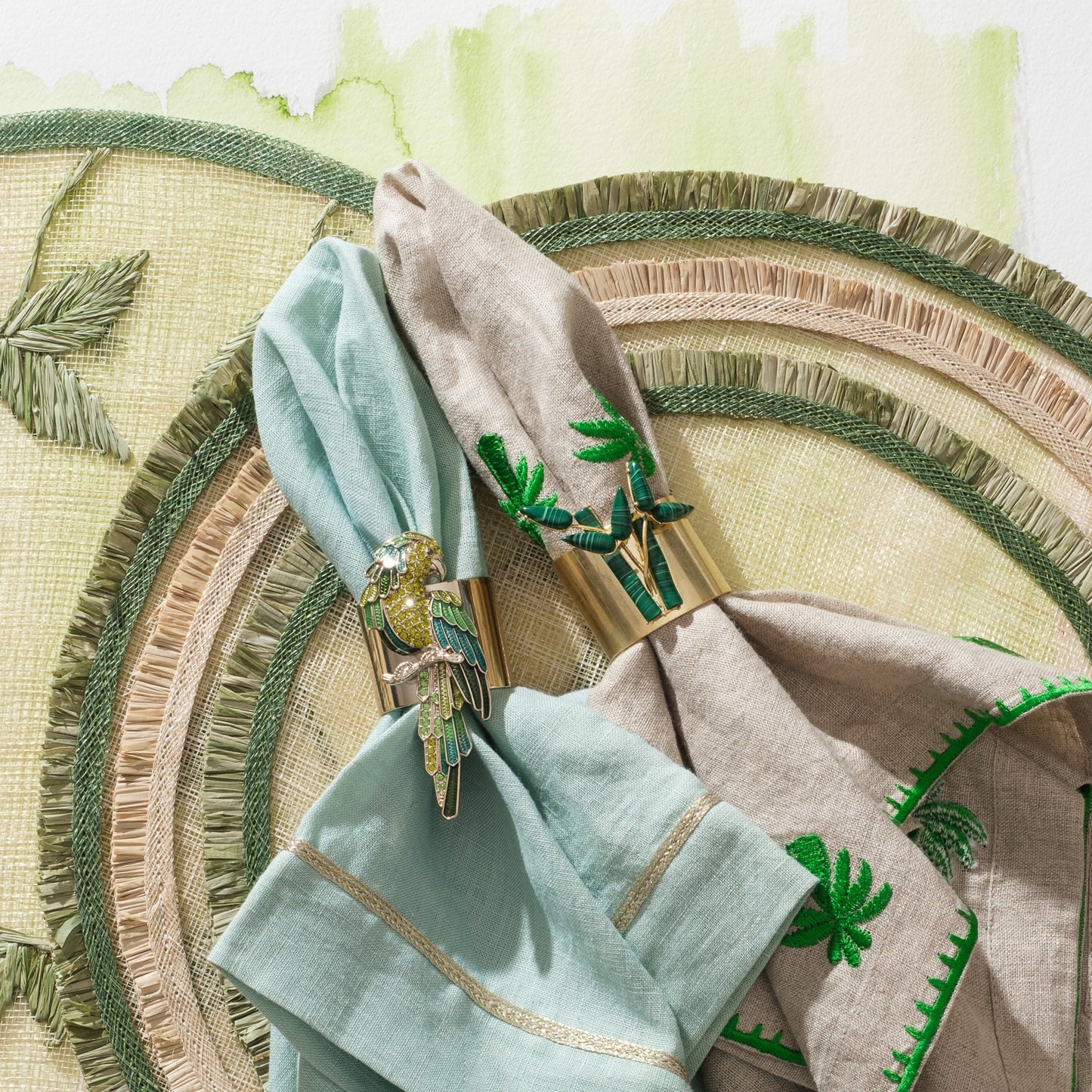 Bamboo Napkin Rings Faux Malachite Set of Two Tropical Green Table Set