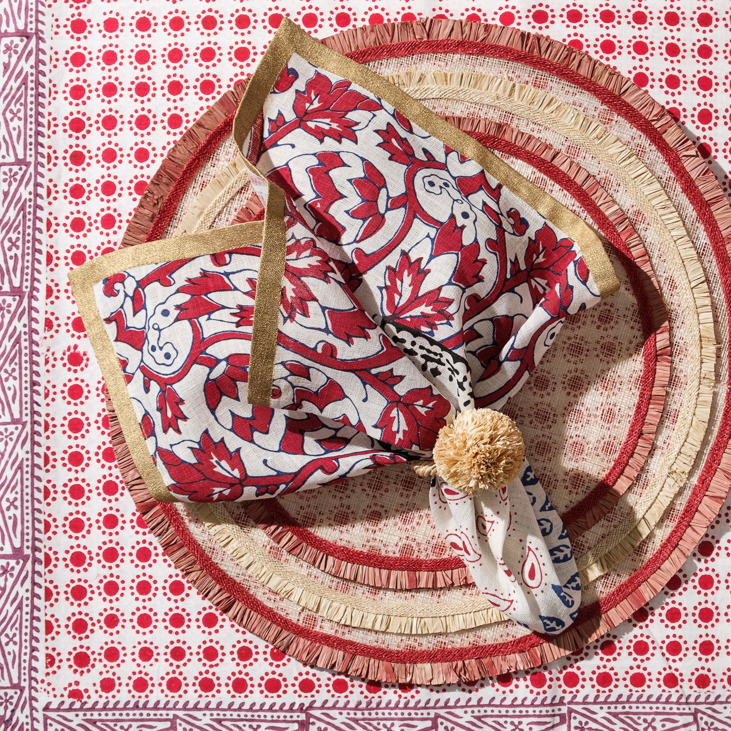 Red Block Print Linen Napkins Joyful Luxe Table Accent Set of Two Giftable