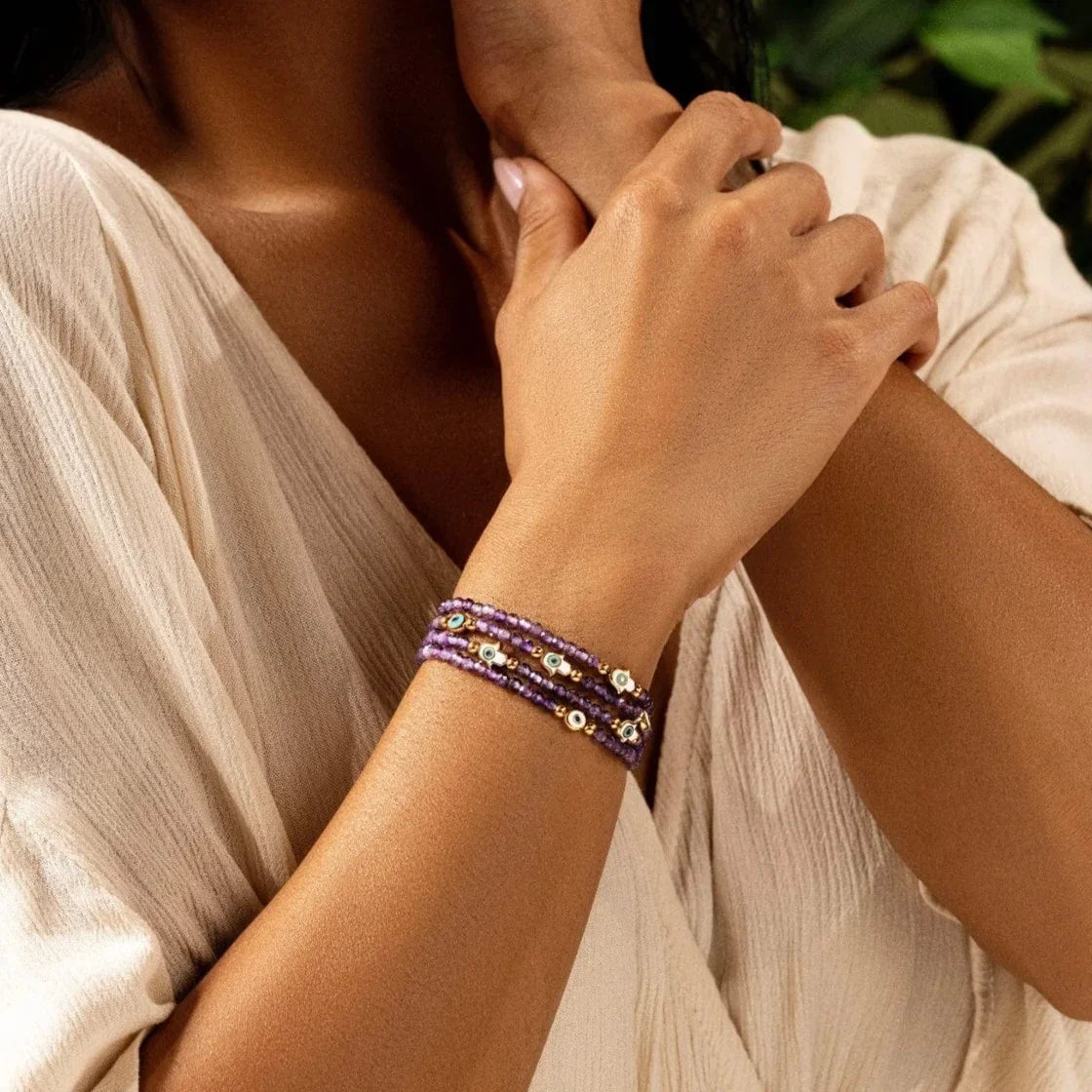 Inner Wisdom Amethyst Hamsa Evil Eye Charm Bracelet — 18K Gold-Plated