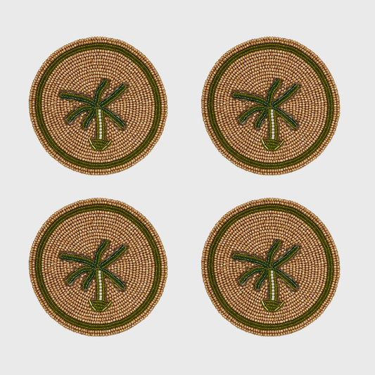 Palm Tree Hand-Beaded Coasters, Tropical Summer Hostess Gift Set Four