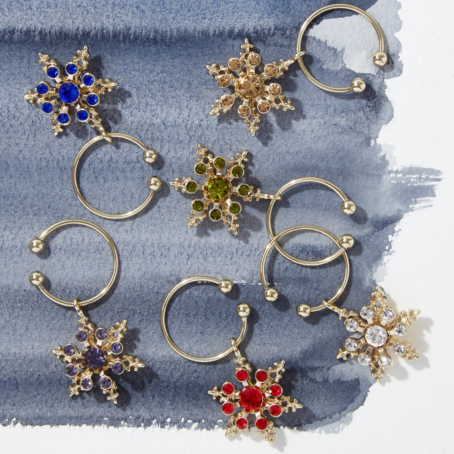 Snowflake Wine Charms Jewel Tones Set Festive Holiday Table Gift Set X