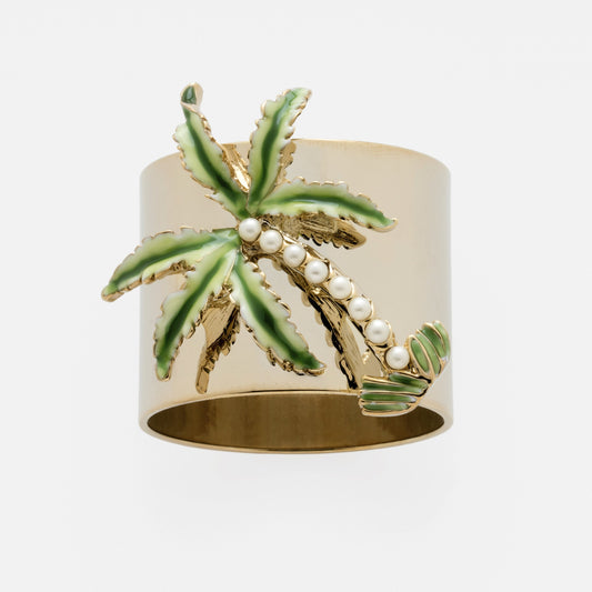 Palm Tree Napkin Rings Set of Two Enamel Faux Pearl Tropical Glam Gift