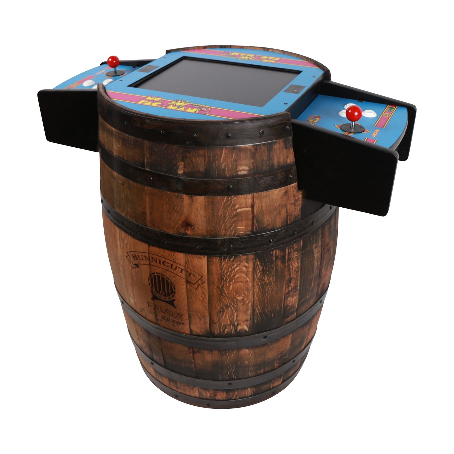 Handmade Whiskey Barrel Arcade Table with 60 Classic Games