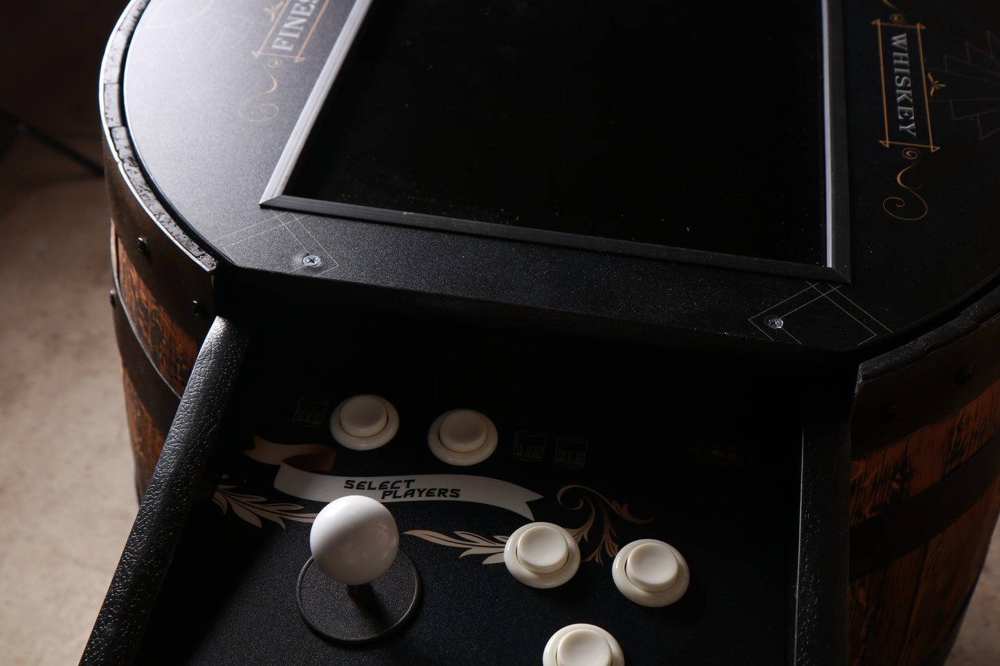 Handmade Whiskey Barrel Arcade Table with 60 Classic Games