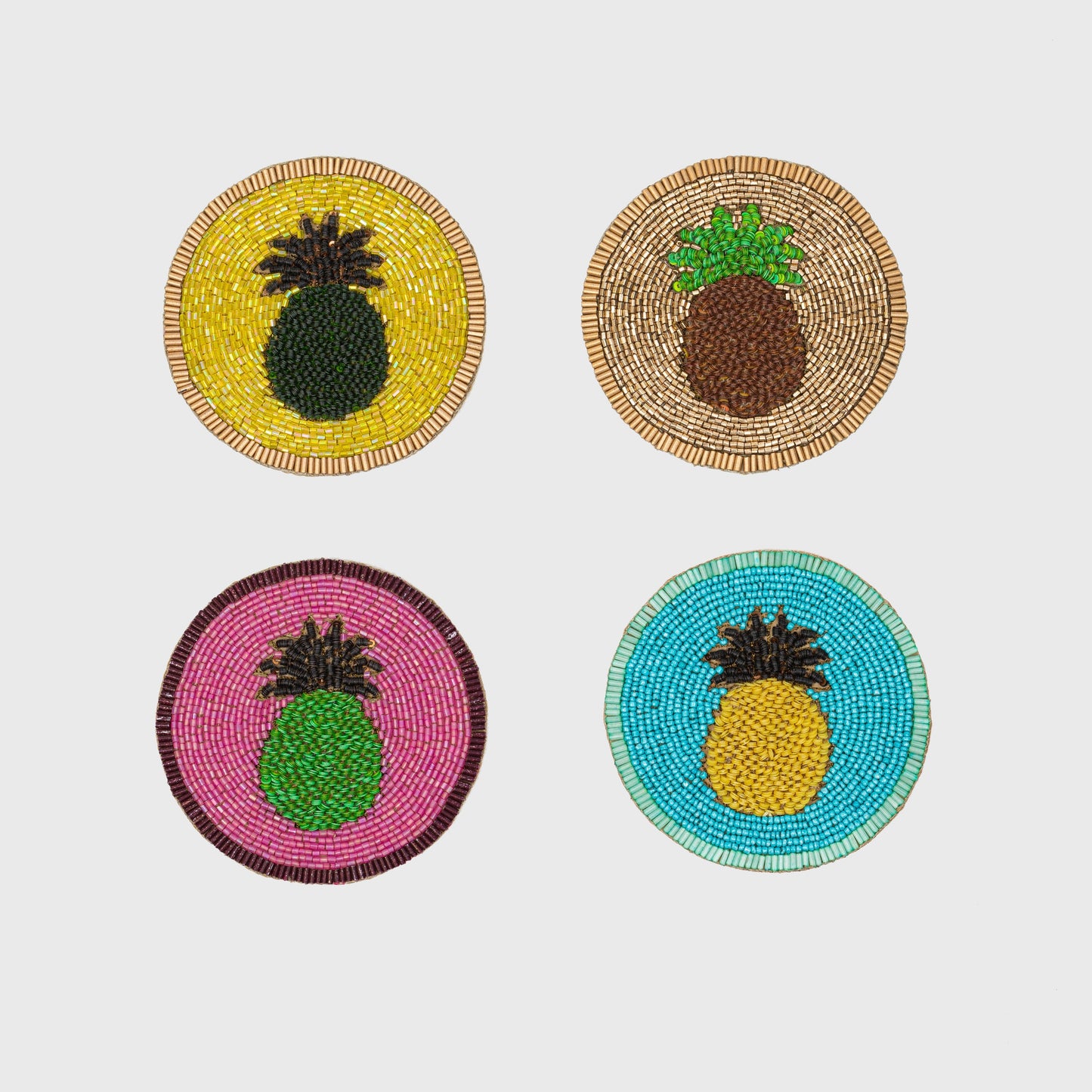 Hand-Beaded Pineapple Coasters, Bright Hospitality Gift Set of Four Décor