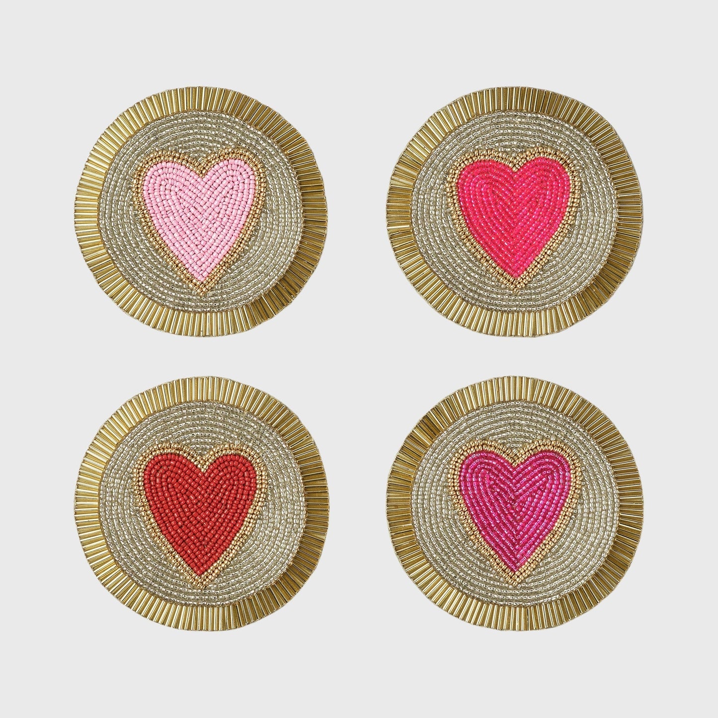 Hand-Beaded Heart Coasters Set of 4 Romantic Gift for Home Bar