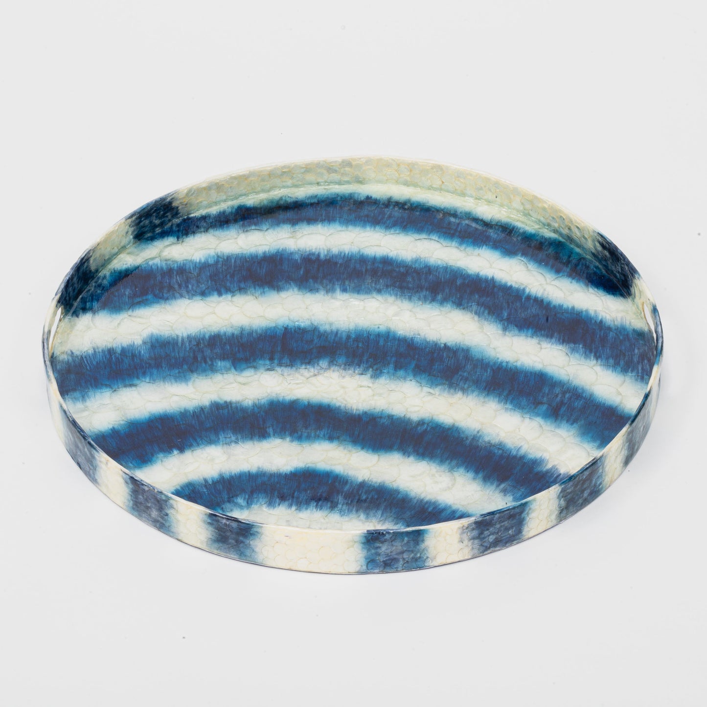 Extra Large Blue Capiz Tray, Hand-Pieced Luxe Striped Decorative Statement