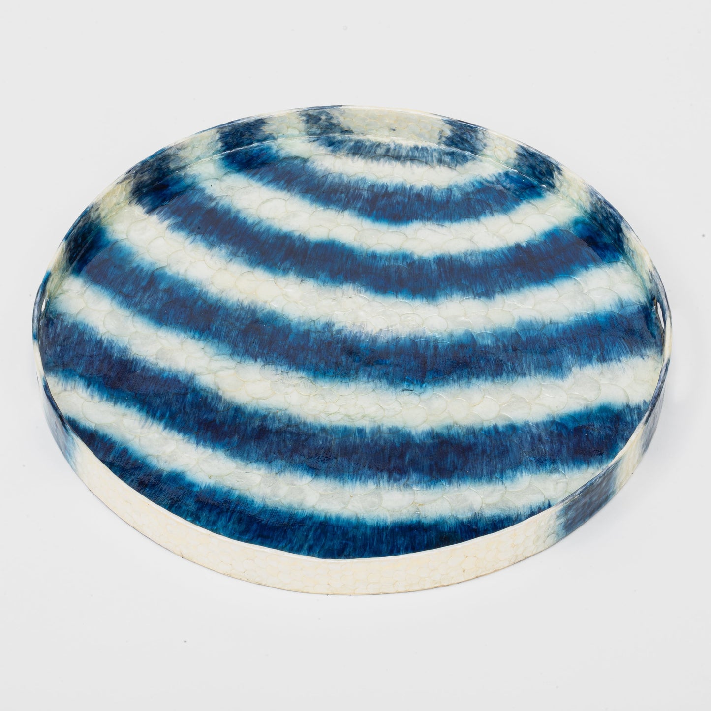 Extra Large Blue Capiz Tray, Hand-Pieced Luxe Striped Decorative Statement