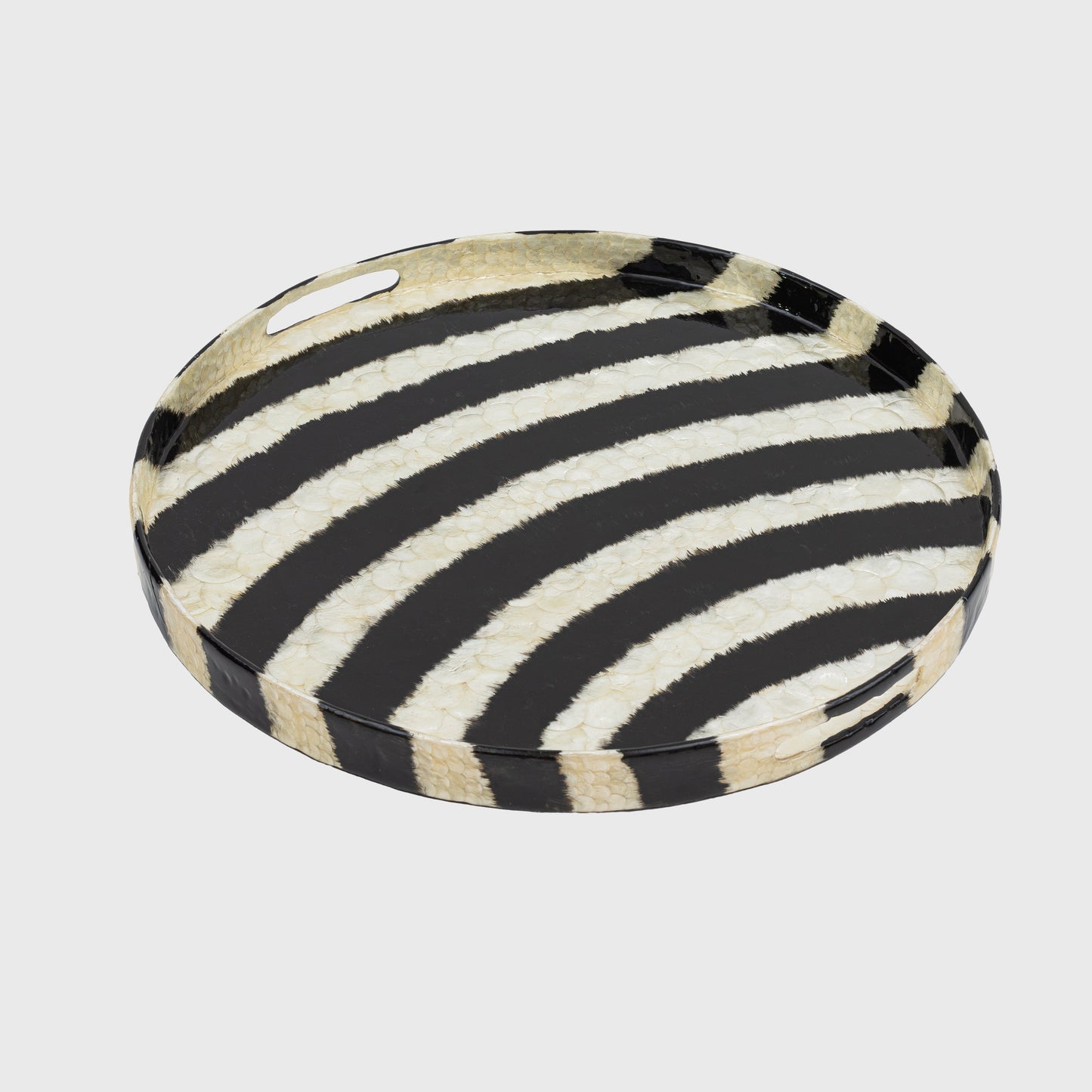 Extra Large Black Capiz Tray, Hand-Pieced Luxe Striped Decorative Statement