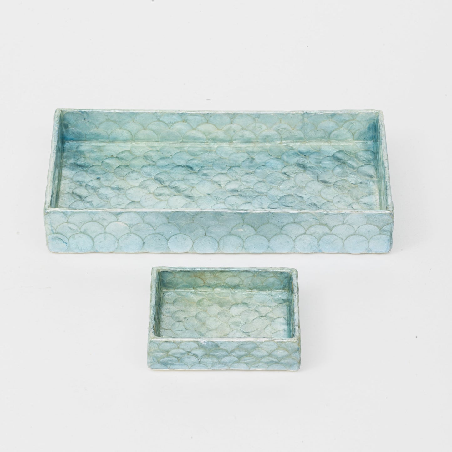 Aqua Blue Capiz Trays Set of Two, Hand-Pieced Decorative Gift Home Accent