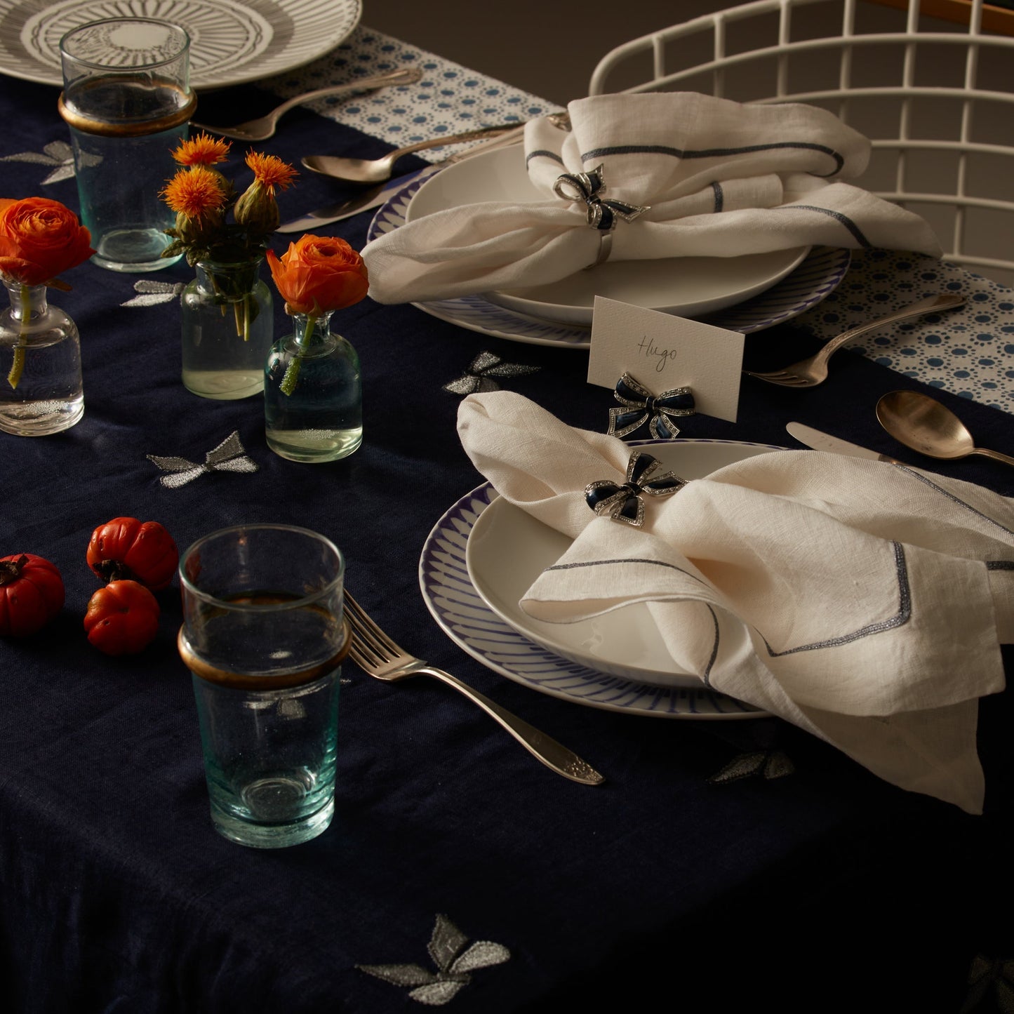 Enamel Bow Skinny Napkin Rings Navy Set of Four Elegant Table Gift Set