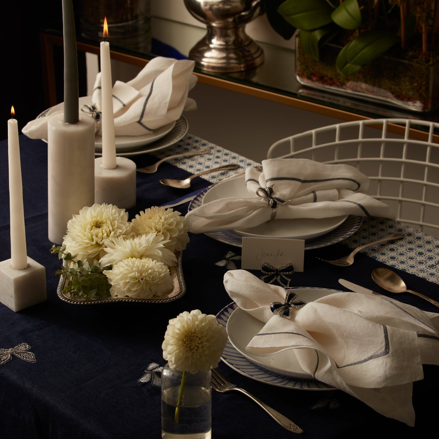 Enamel Bow Skinny Napkin Rings Navy Set of Four Elegant Table Gift Set
