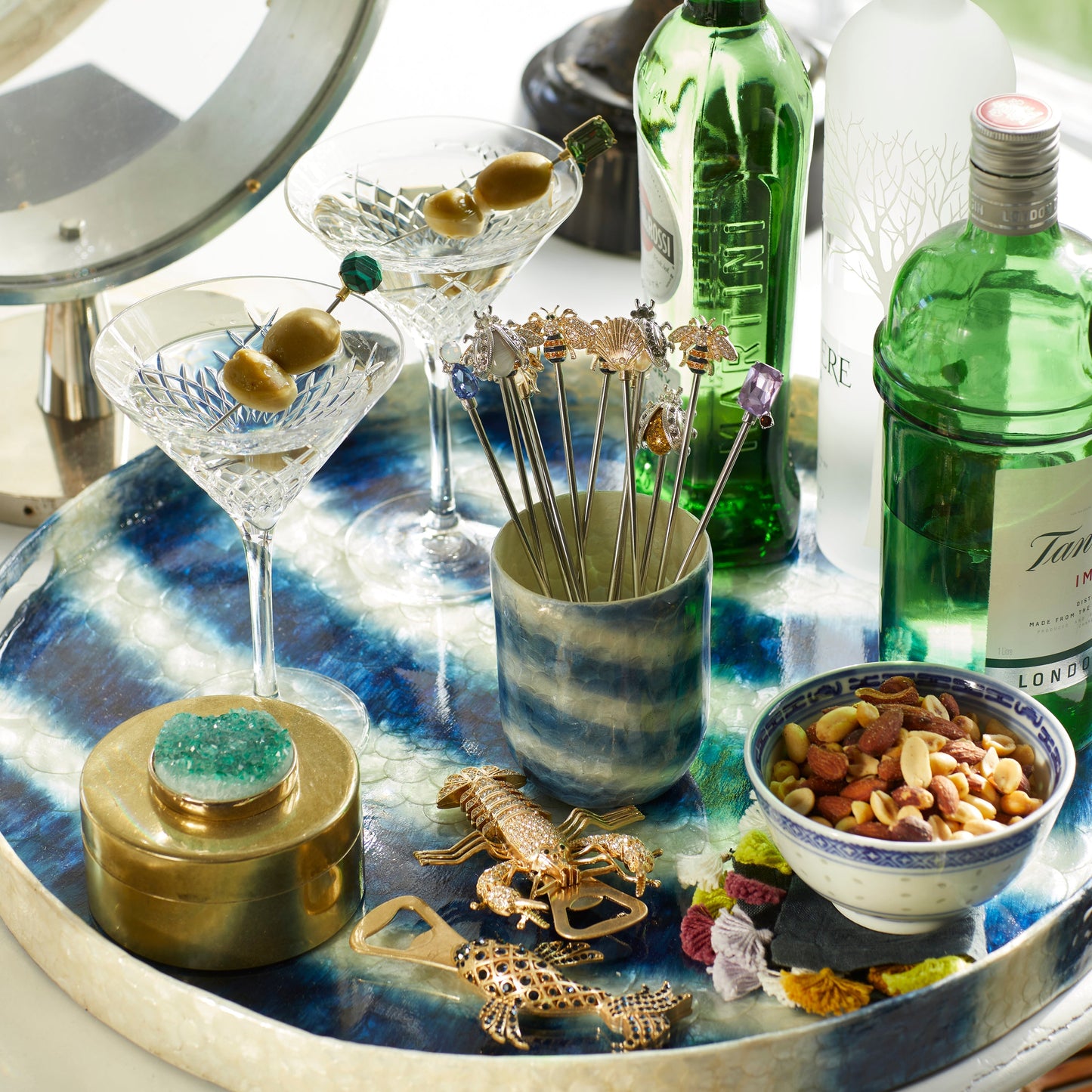 Extra Large Blue Capiz Tray, Hand-Pieced Luxe Striped Decorative Statement