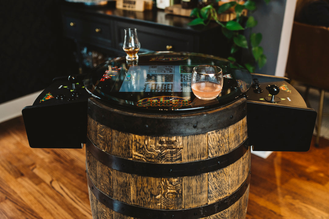 Handmade Whiskey Barrel Arcade Table with 60 Classic Games