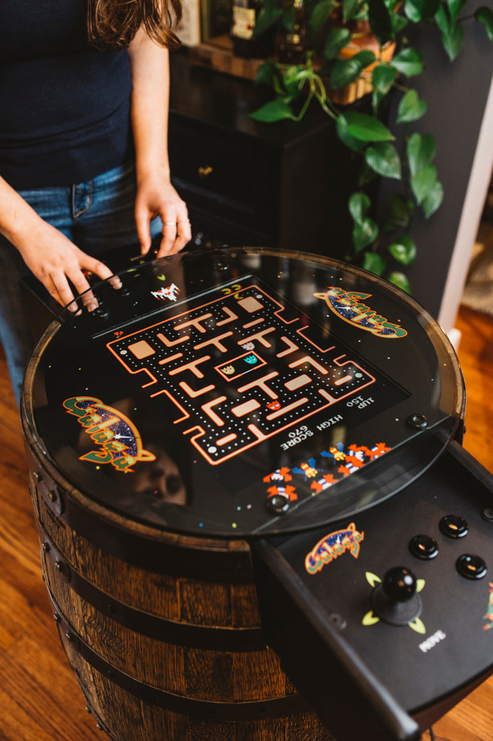 Handmade Whiskey Barrel Arcade Table with 60 Classic Games