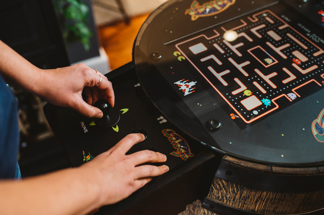 Handmade Whiskey Barrel Arcade Table with 60 Classic Games