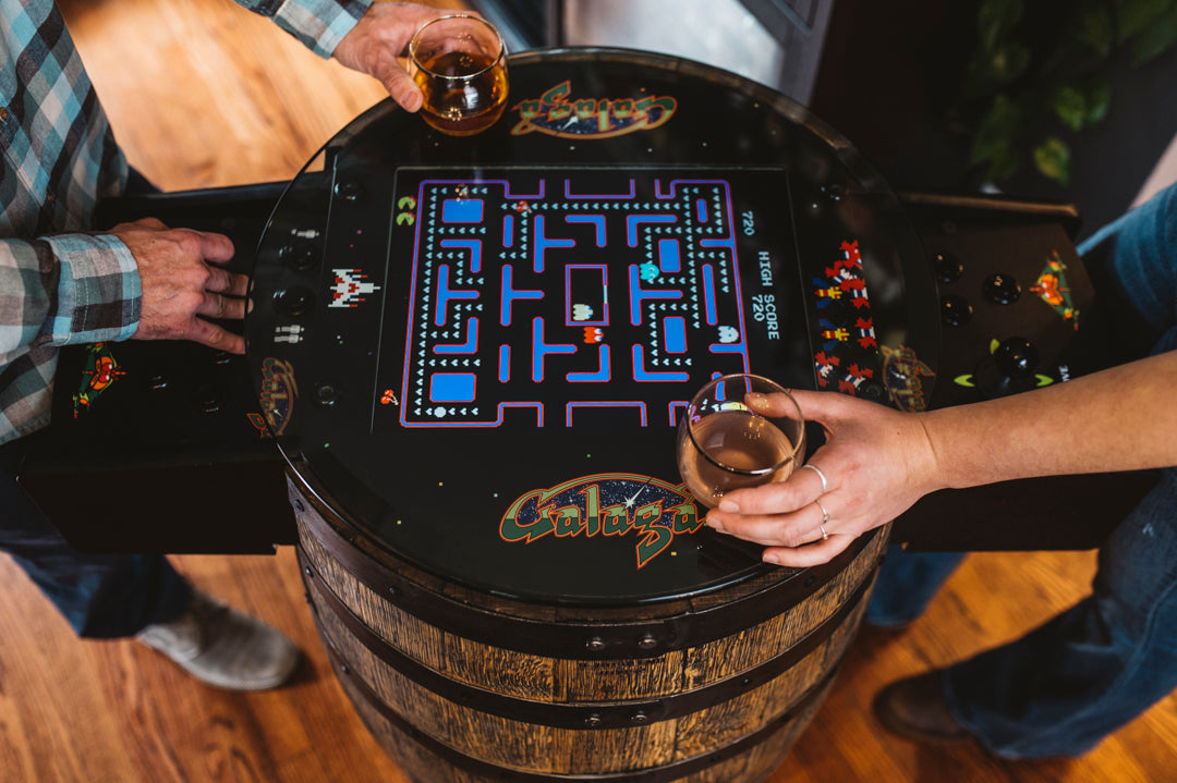 Handmade Whiskey Barrel Arcade Table with 60 Classic Games