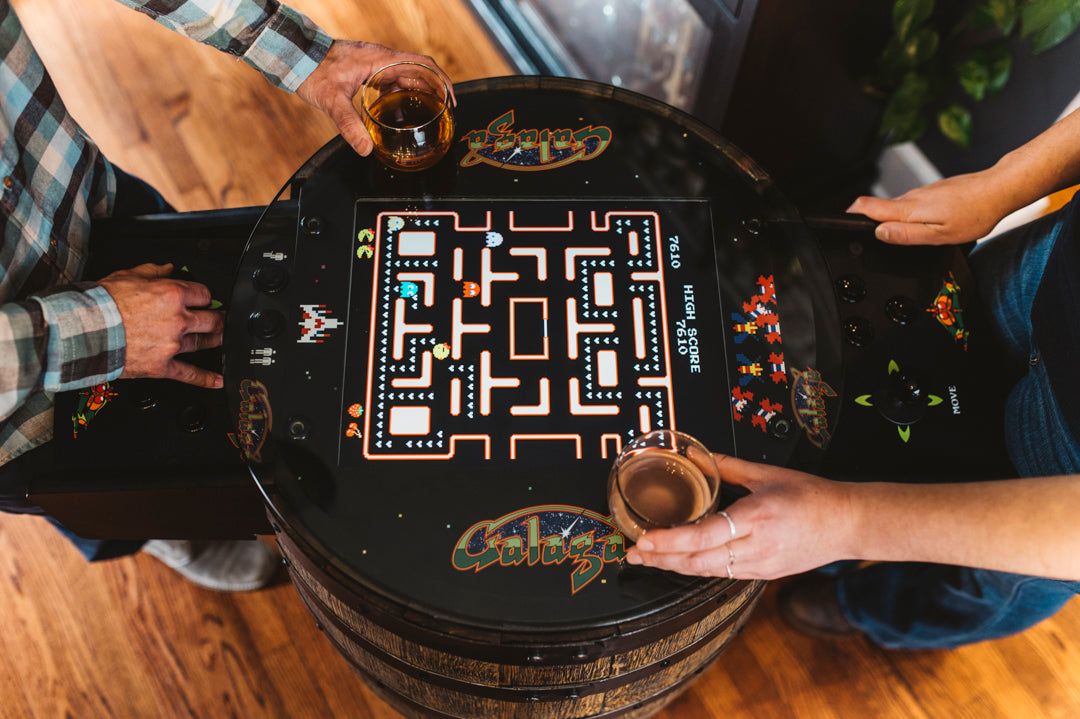 Handmade Whiskey Barrel Arcade Table with 60 Classic Games