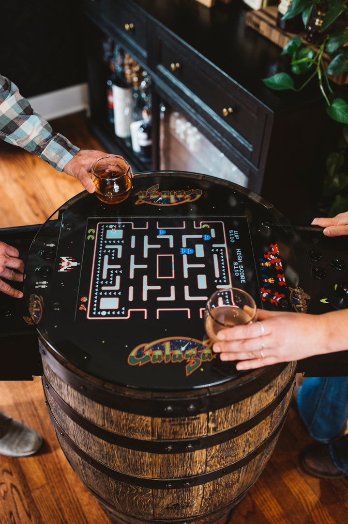 Handmade Whiskey Barrel Arcade Table with 60 Classic Games