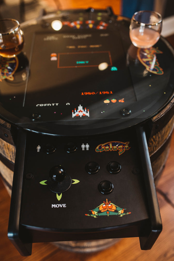 Handmade Whiskey Barrel Arcade Table with 60 Classic Games