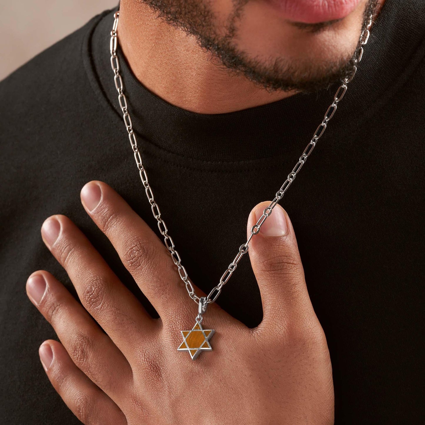 Ancestral Protector Tiger's Eye Star of David Charm — Rhodium-Plated