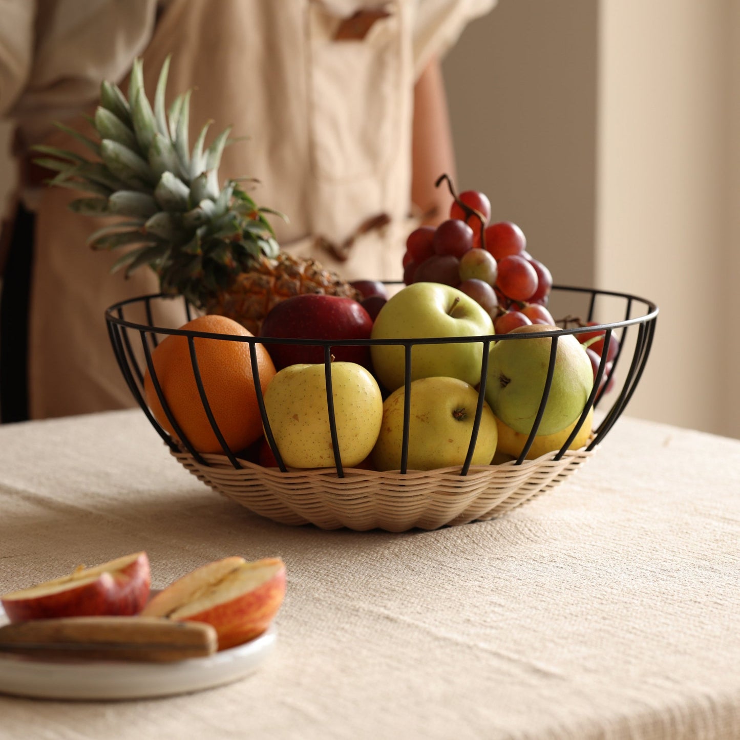 Cabo Rattan & Iron Fruit Basket, Airy Modern Centerpiece Bowl