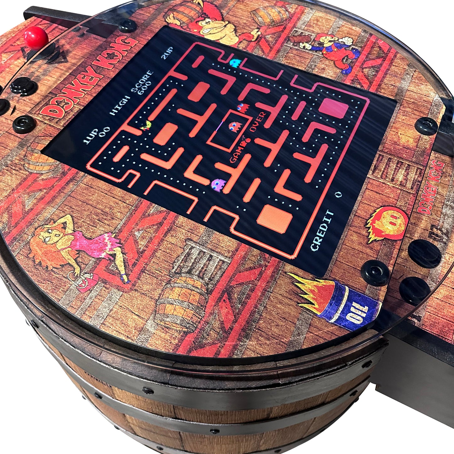 Handmade Whiskey Barrel Arcade Table with 60 Classic Games