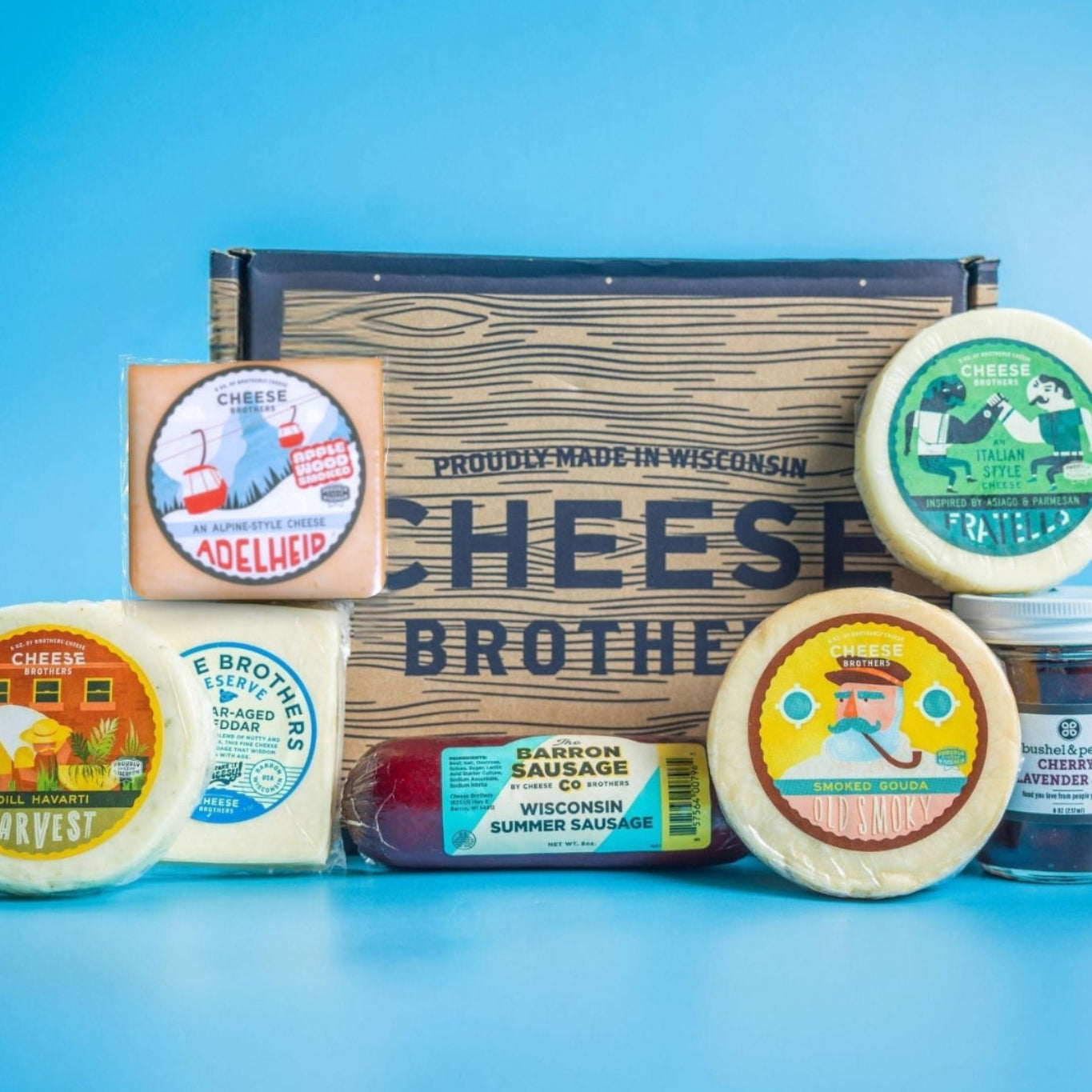 Collection of Wisconsin cheese products with 'Cheese Brothers' packaging on a blue background