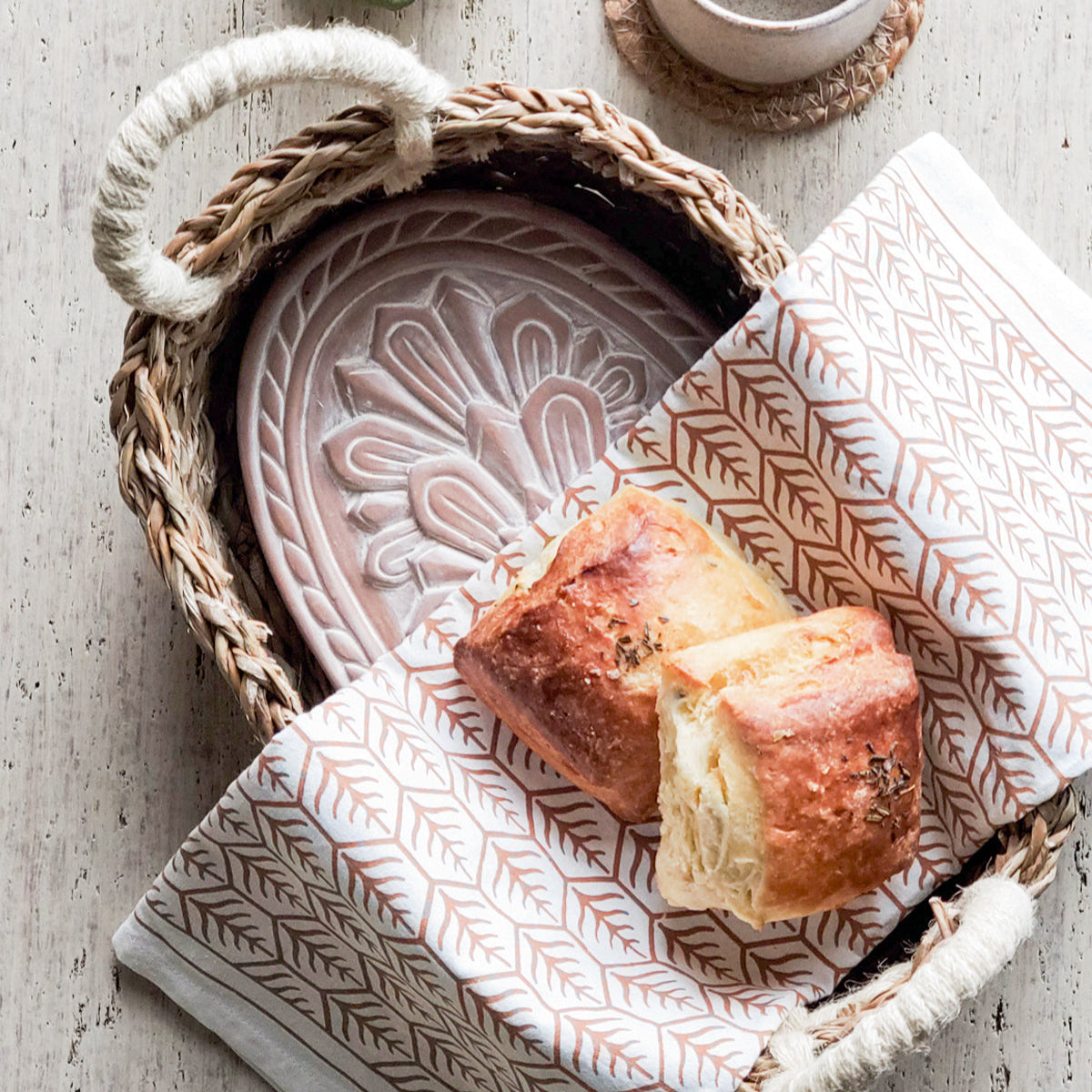 Oval Flower Bread Warmer Basket & Tea Towel Gift Set