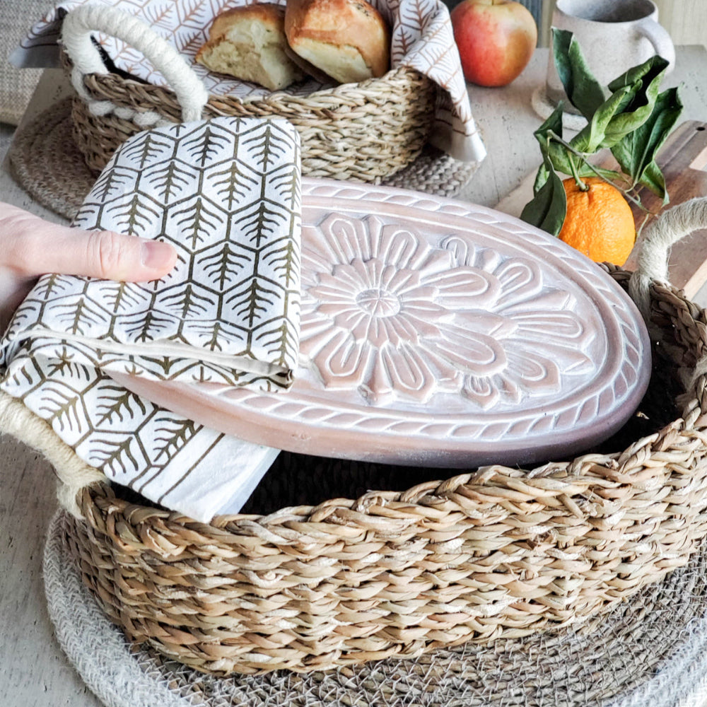 Oval Flower Bread Warmer Basket & Tea Towel Gift Set