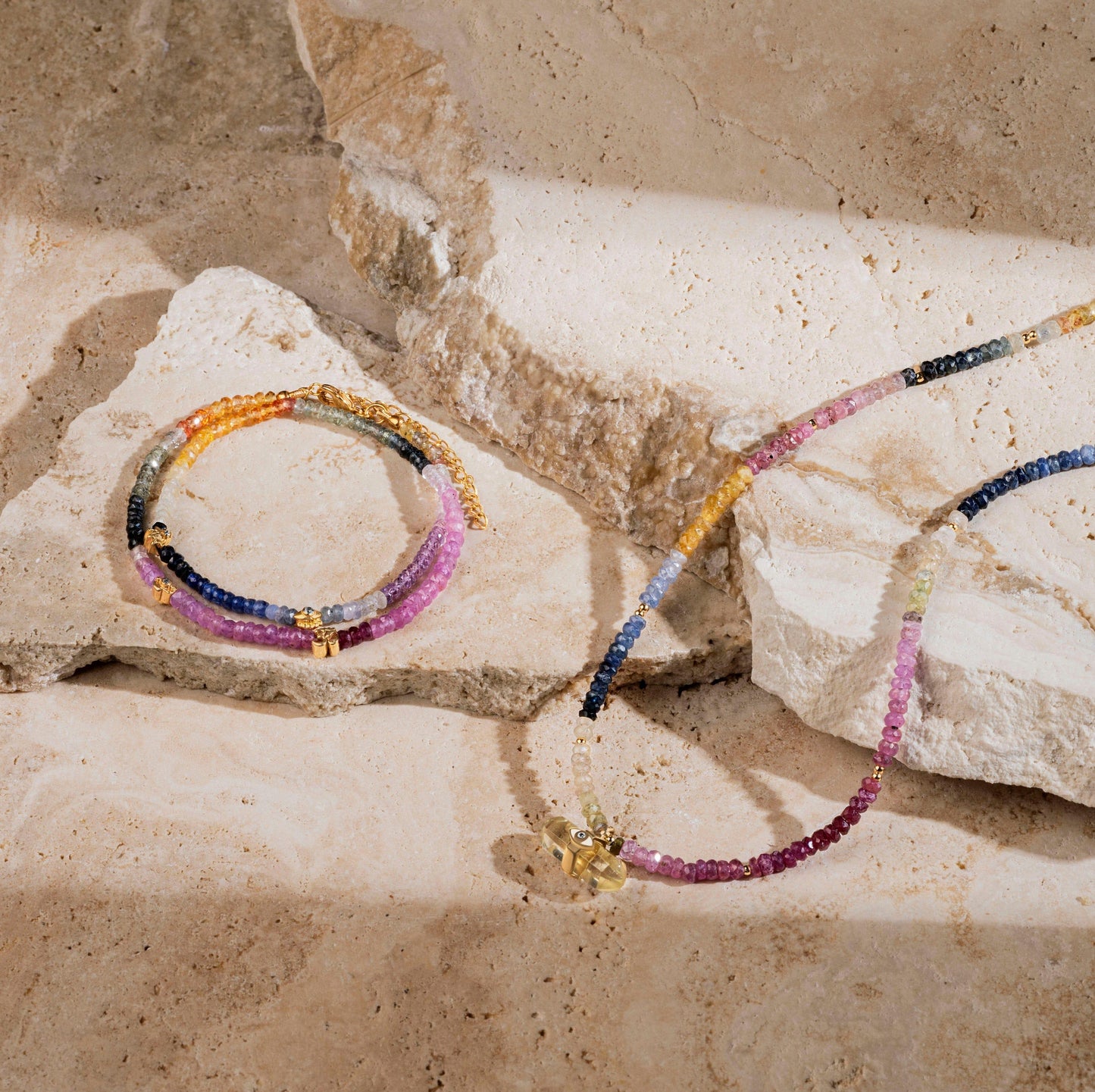 Divine Intervention Evil Eye Multi-Stone Pointer Necklace — 18K Gold