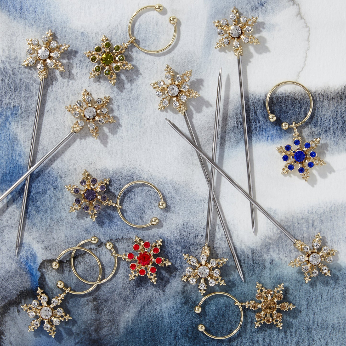 Snowflake Wine Charms Jewel Tones Set Festive Holiday Table Gift Set X
