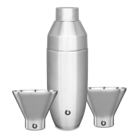 Stainless steel cocktail shaker and two shot glasses on a white background