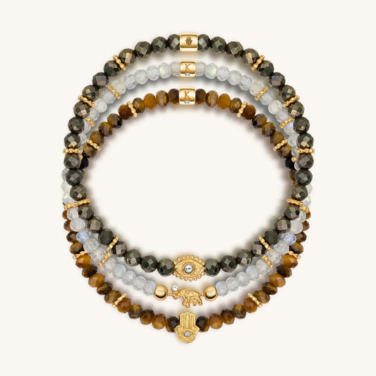 Fierce Spirit Tiger's Eye Labradorite Pyrite Bracelet Stack — — Gift