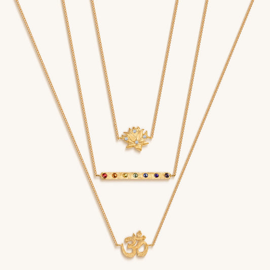 Gold Triple-Layer Lotus OM Chakra Bar Necklace, 18K Plated Brass