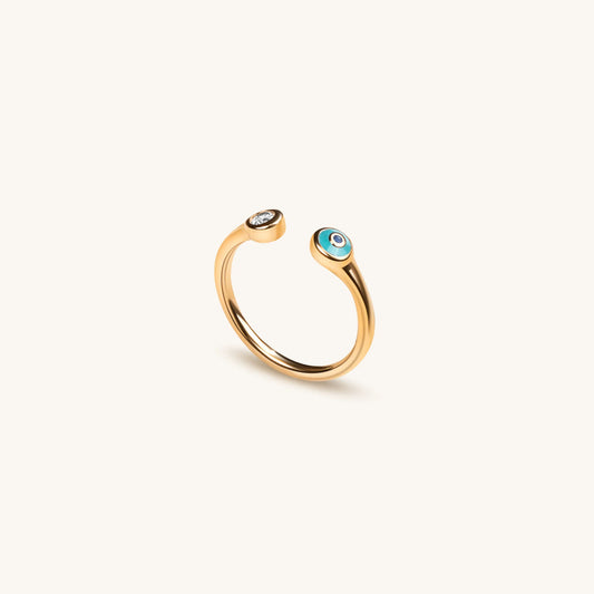 Defensive Shield Gold Turquoise Enamel Evil Eye Ring — Adjustable