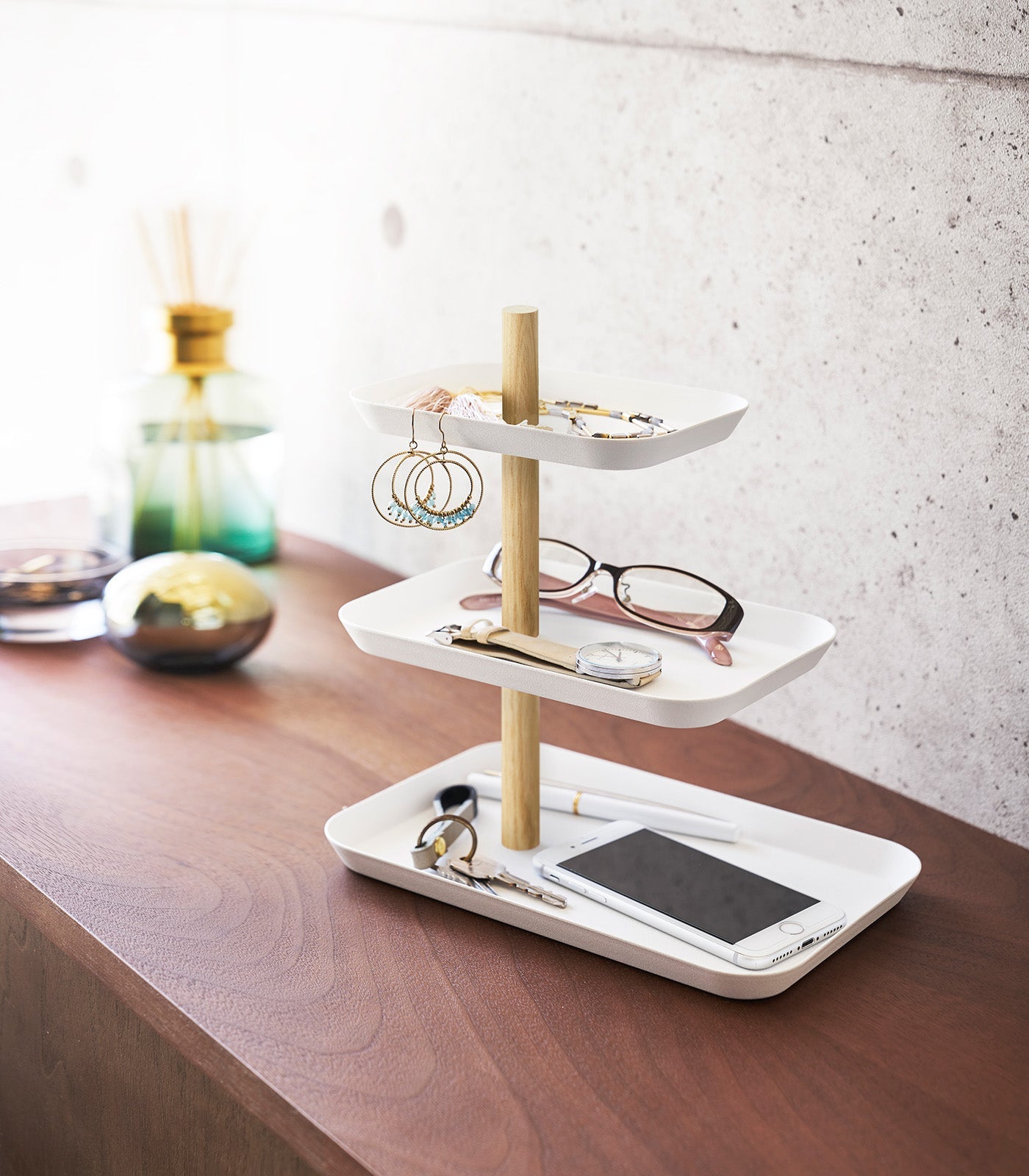 Three-Tier Steel Display Tray — Wood Rod Accent
