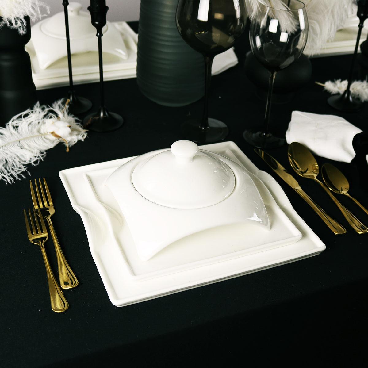Square Porcelain Dinnerware Set Service for 4 Elegant White