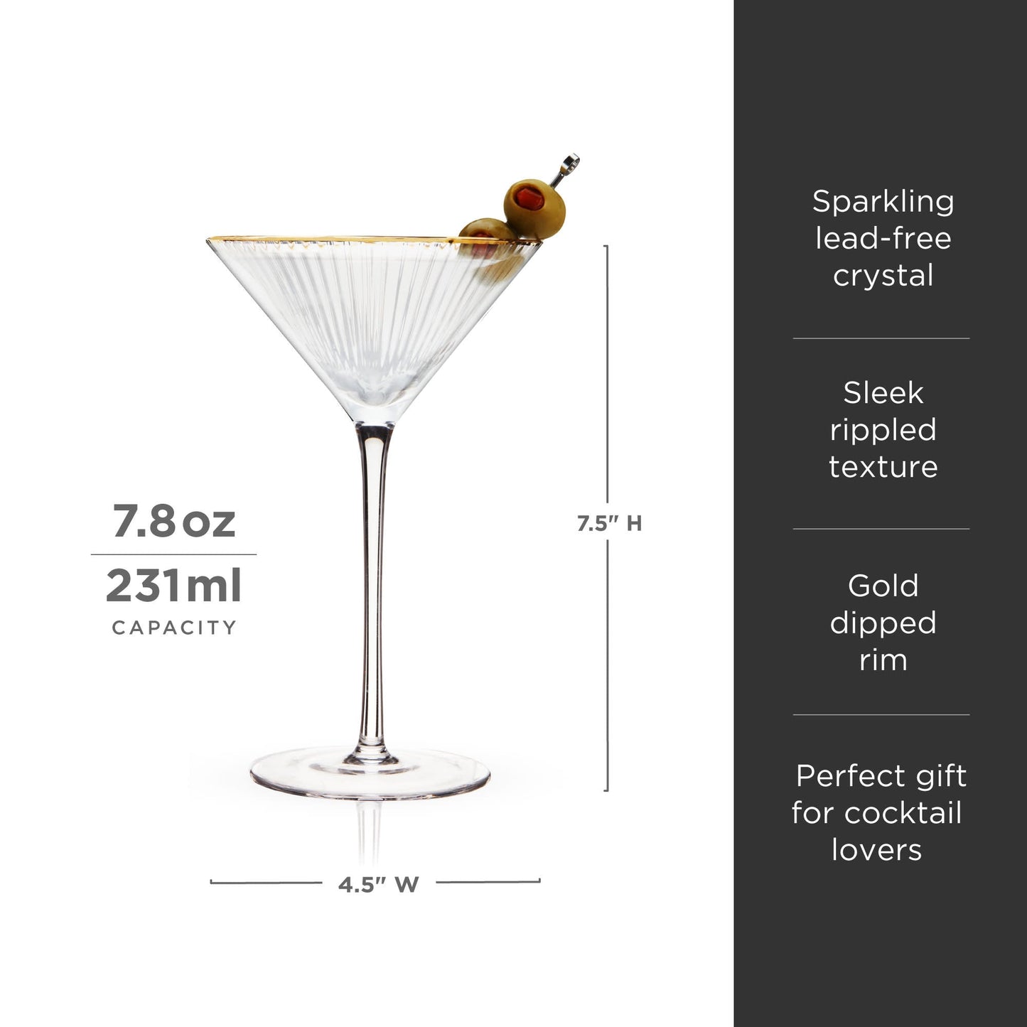 Meridian Crystal Martini Glasses Set of 2 with Gold-Dipped Rims Gift