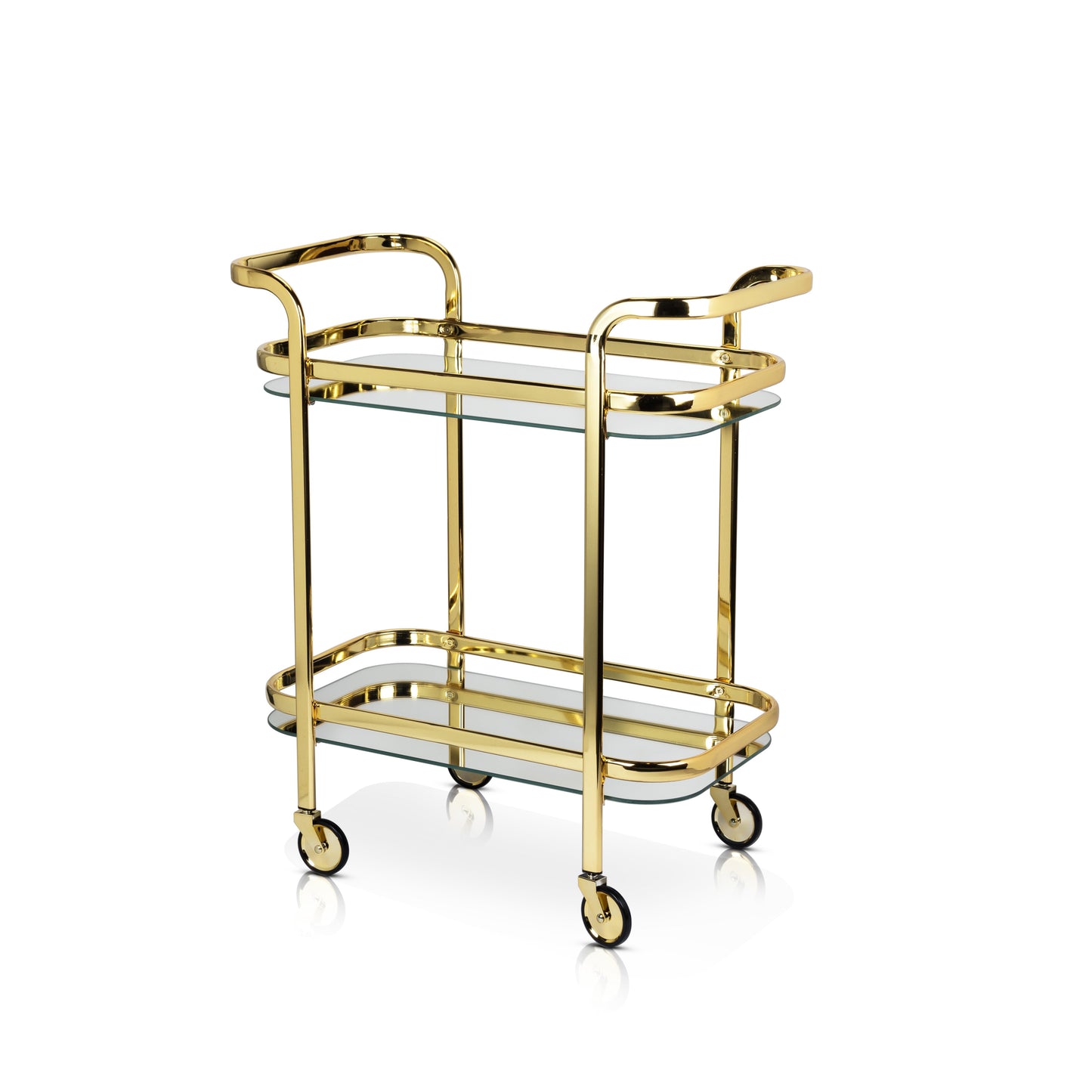 Antique Gold Bar Cart with Dual Mirrors and Rubber-Lined Rolling Wheels